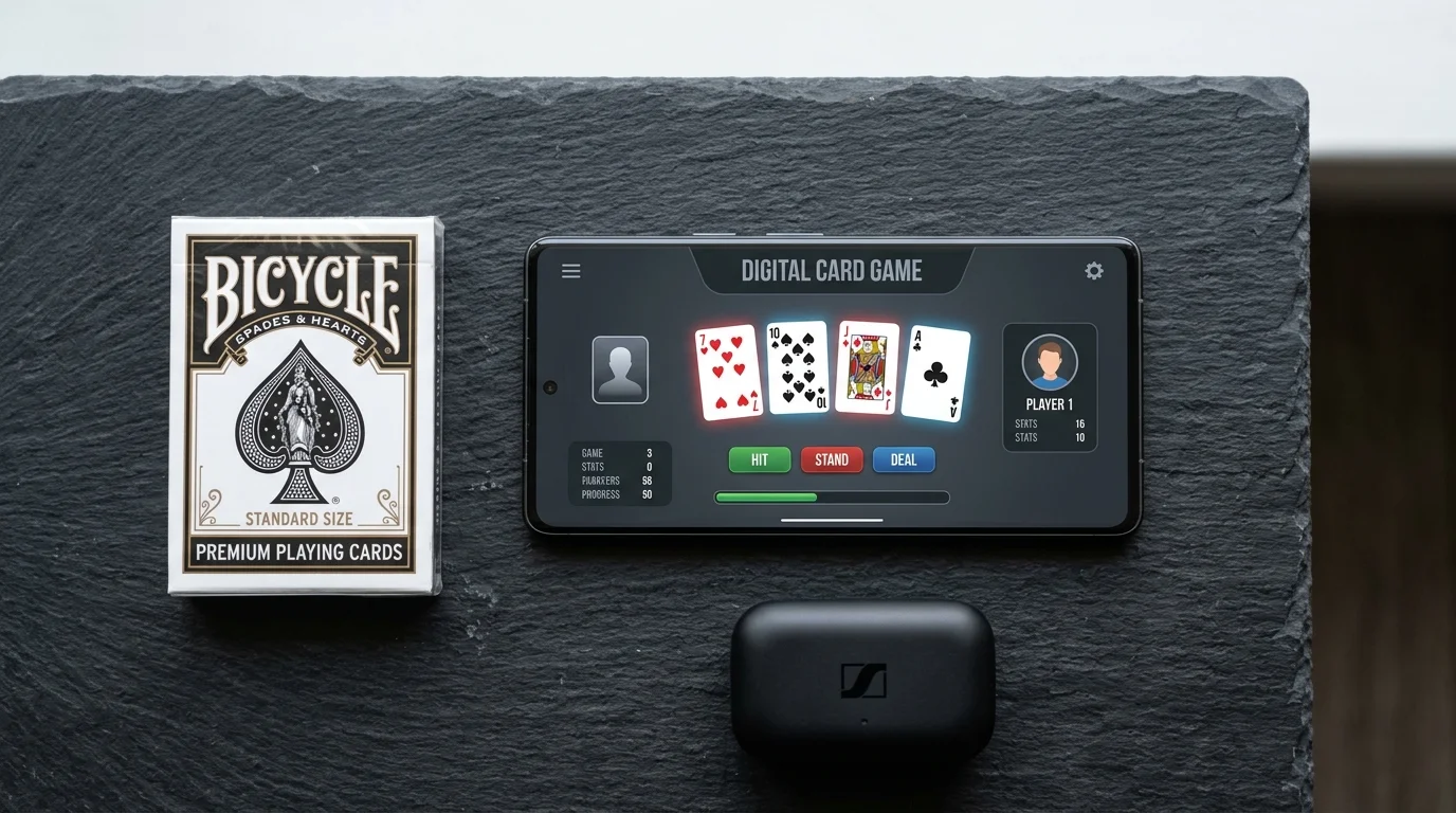 Smartphone sur table en ardoise avec cartes de poker