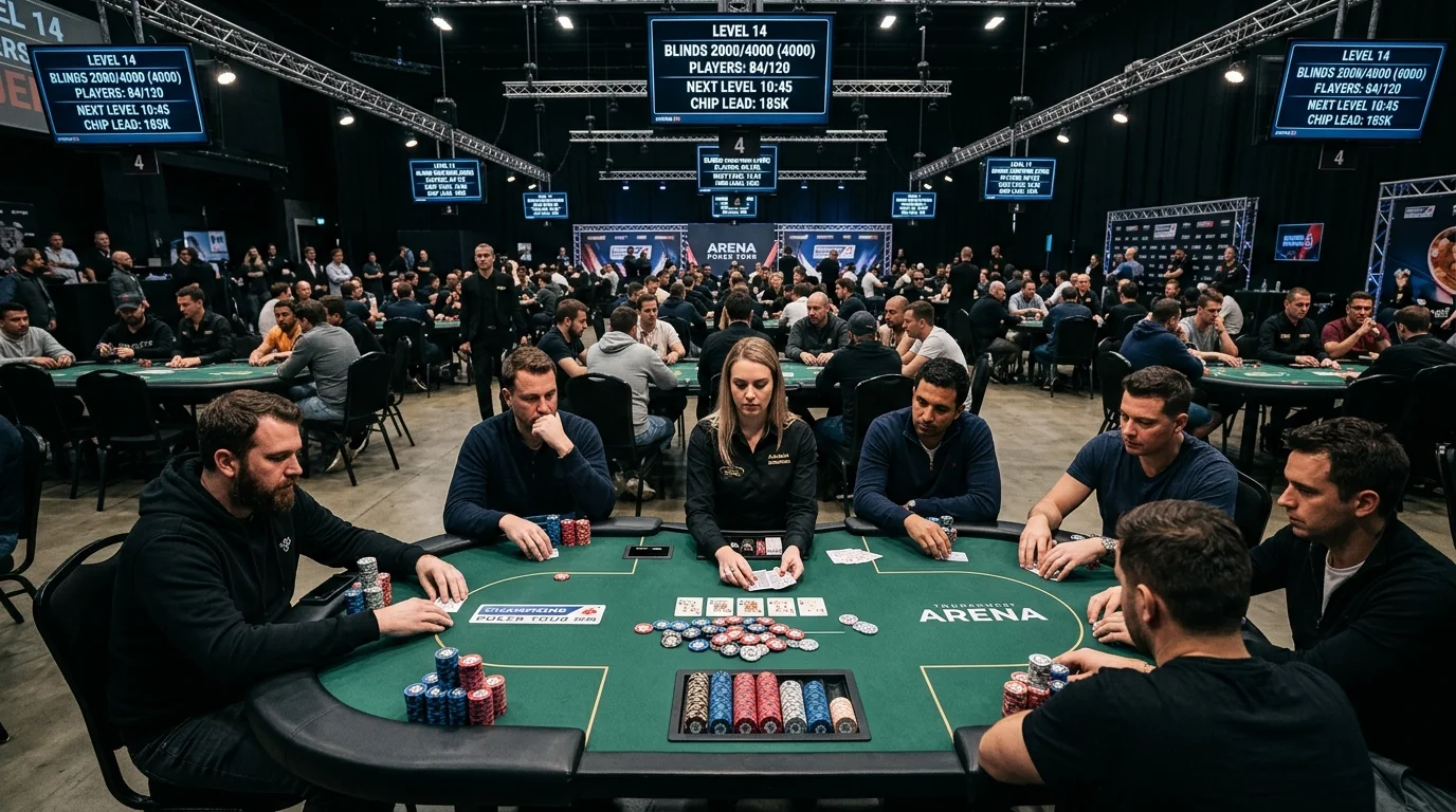 Arène de tournoi de poker avec joueurs et croupière